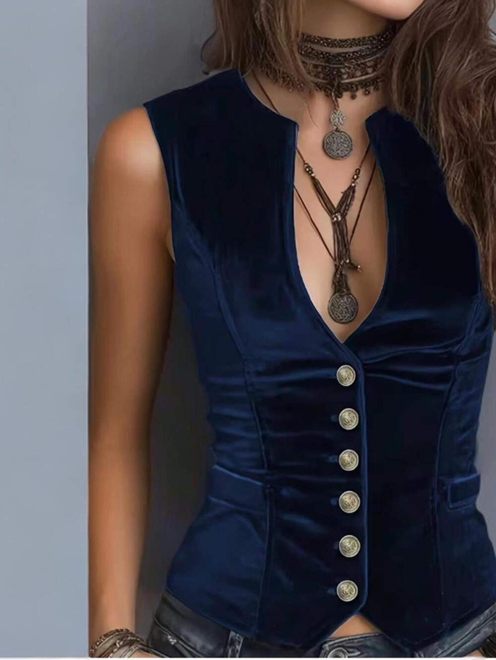 STUNNING! NEW Vintage Y2K Retro SZ M Velvet Rich Blue Boho Button-Up Vest Top